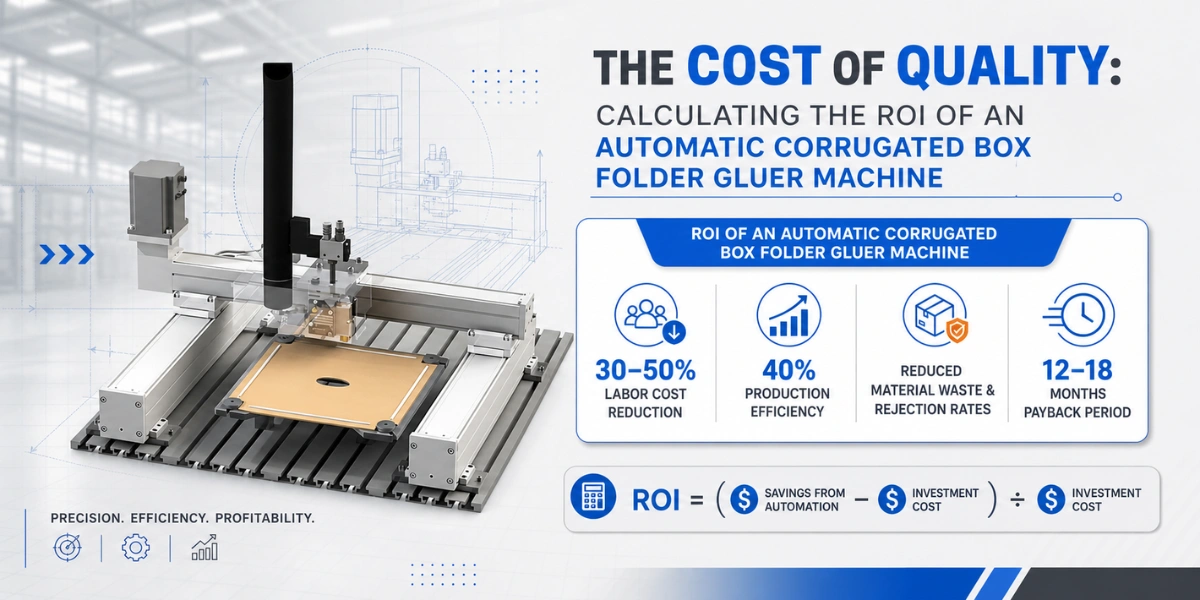 Explore Packaging Automation with Hot Melt Dispenser Blogs 155 Infographic showing the Return on Investment (ROI) benefits of an automatic corrugated box folder gluer machine, highlighting a 12-18 month payback period.