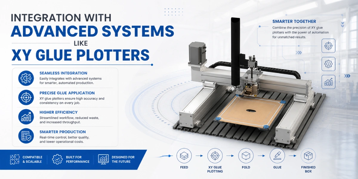 A diagram illustrating the seamless integration of an XY glue plotter within a streamlined production workflow from feeding to the finished box.