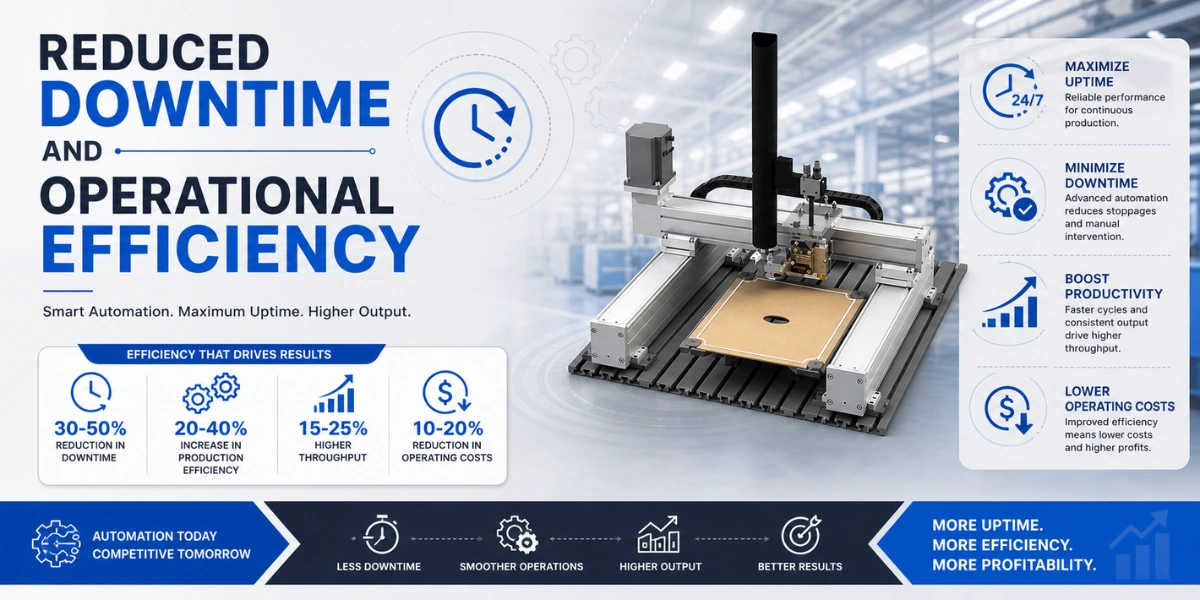 Infographic displaying statistics on reduced downtime and increased throughput for automated gluing systems.