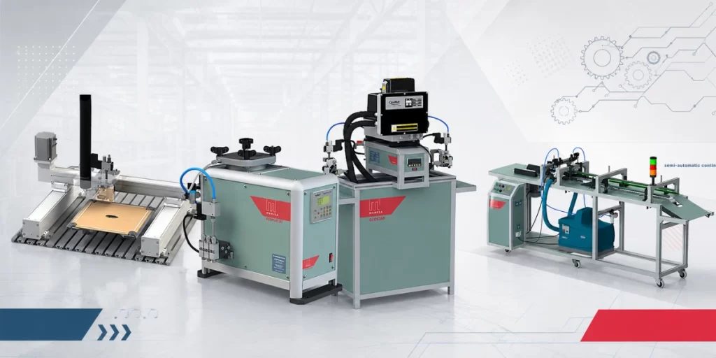 A wide-angle view of four industrial hot melt glue dispensing machines: SmartPlot XY Plotter, EcoPlus Manual Dispenser, EcoStar Box Gluing Machine, and SpeedPack Pasting Machine.