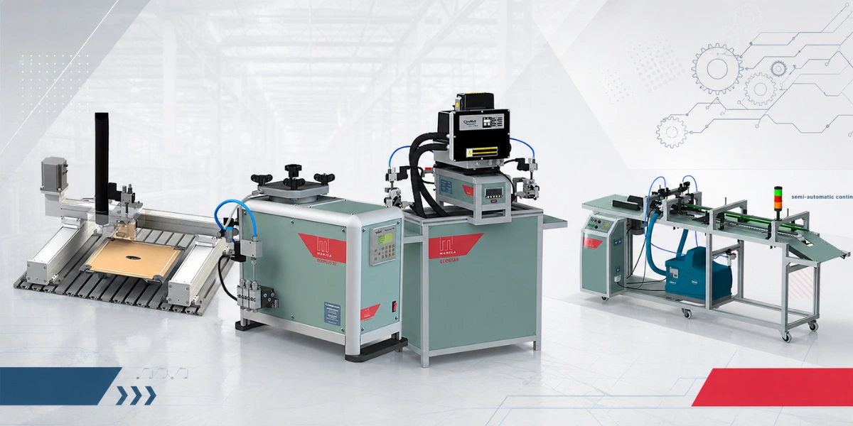 Explore Packaging Automation with Hot Melt Dispenser Blogs 166 A wide-angle view of four industrial hot melt glue dispensing machines: SmartPlot XY Plotter, EcoPlus Manual Dispenser, EcoStar Box Gluing Machine, and SpeedPack Pasting Machine.