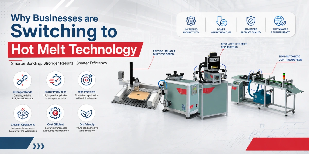 Infographic titled "Why Businesses are Switching to Hot Melt Technology" highlighting benefits like stronger bonds, faster production, high precision, cleaner operations, cost efficiency, and eco-friendliness.