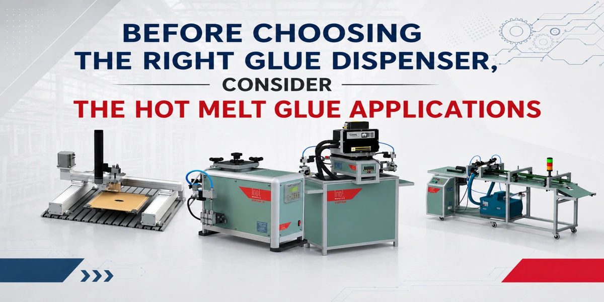 Industrial banner featuring four different glue dispensing machines with the text "Before Choosing the Right Glue Dispenser, Consider the Hot Melt Glue Applications."