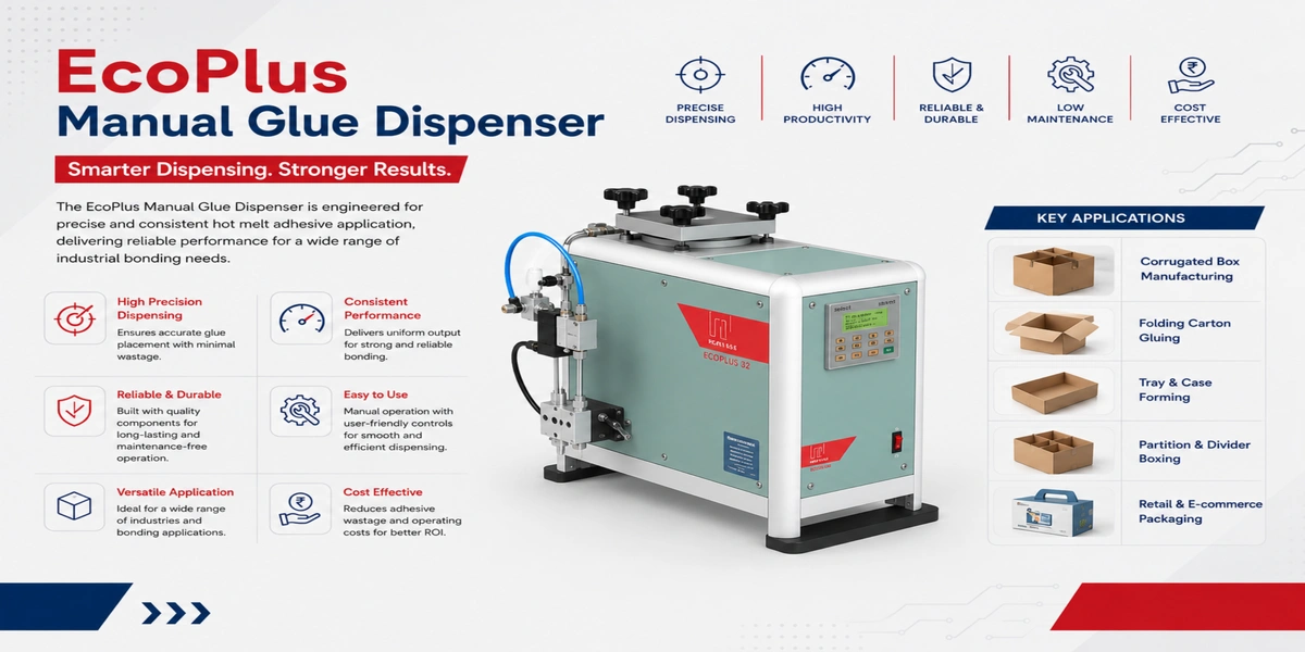 The EcoPlus Manual Glue Dispenser, a compact green industrial unit with a digital control panel, highlighting applications like corrugated box manufacturing and tray forming.