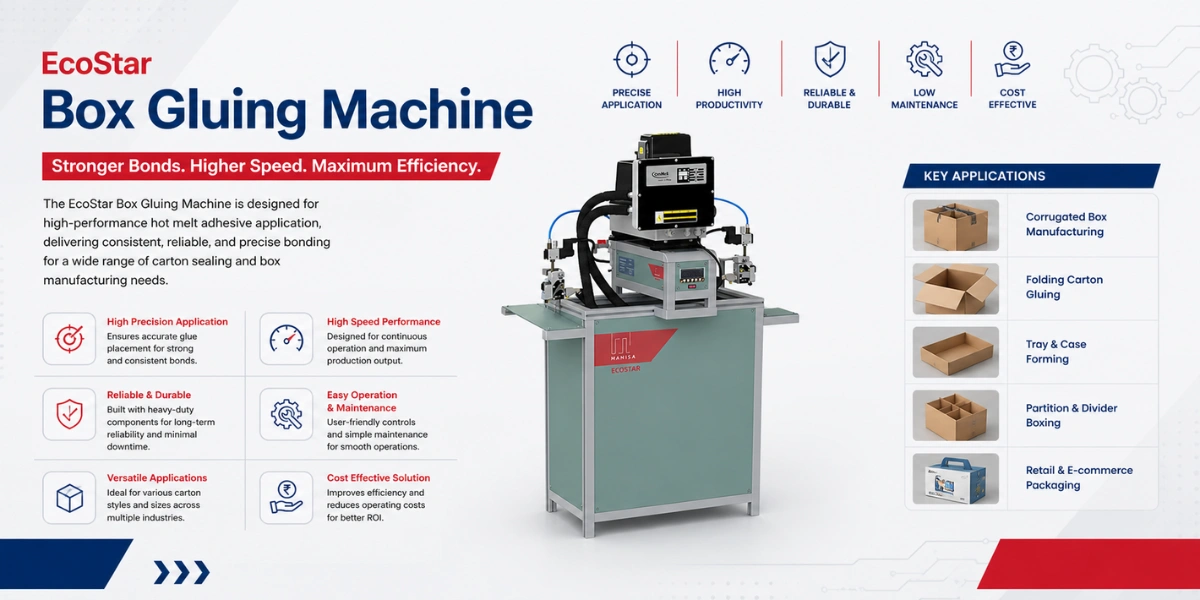 The EcoStar Box Gluing Machine featuring dual applicator heads and user-friendly controls, optimized for high-speed carton sealing and tray forming.