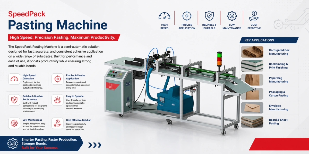 The SpeedPack Pasting Machine, a long semi-automatic conveyor system designed for fast and consistent adhesive application on substrates like paper bags and envelopes.