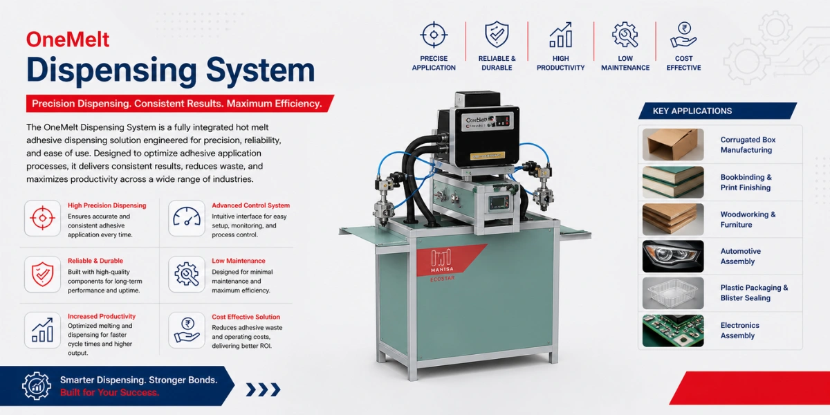 The OneMelt Dispensing System showing a fully integrated unit with an advanced control system, used in automotive assembly, woodworking, and electronics.